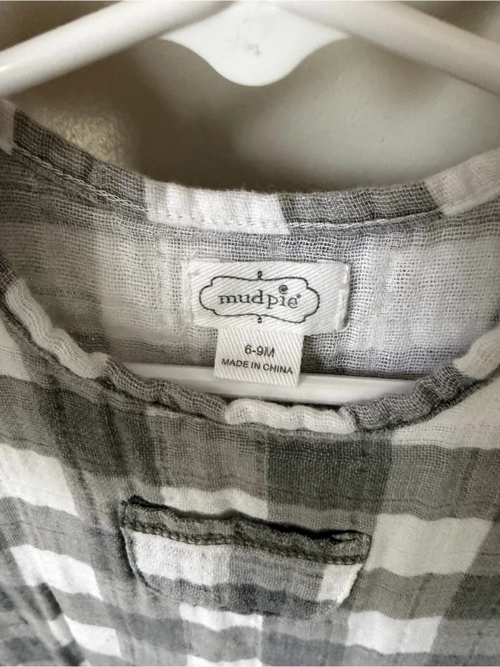Mud Pie Baby Unisex 6-9M Gray White Plaid Muslin Romper Sleeveless Snap